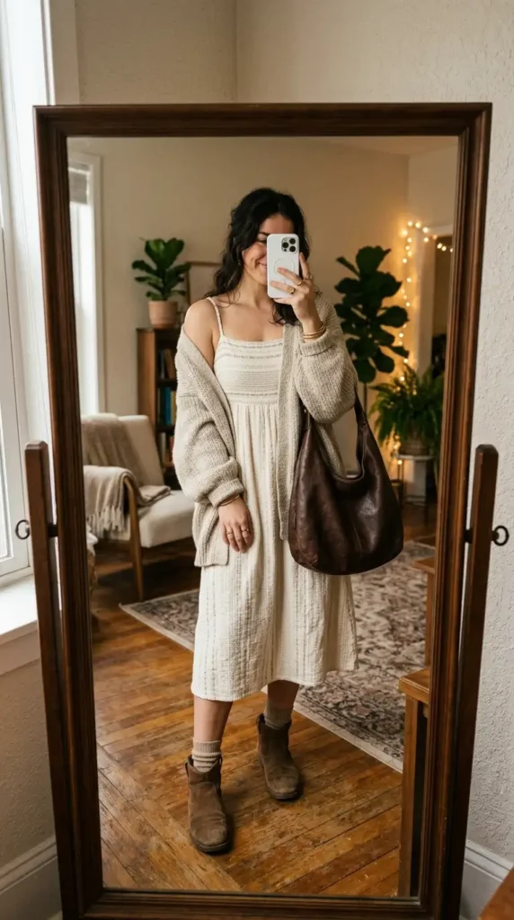 Cream woven cami midi dress layered with oversized cardigan and suede boots — woven fantasy dress to impress
