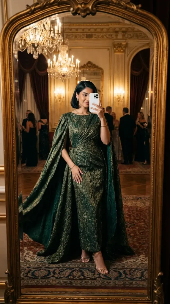 Emerald green metallic woven cape-sleeve gown at a grand ballroom — stunning woven fantasy dress to impress
