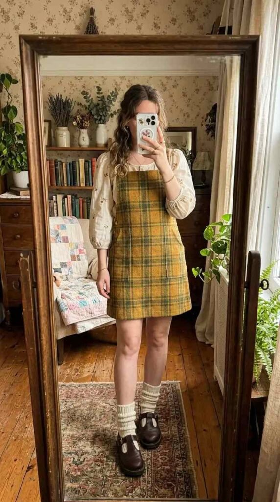 Yellow plaid woven pinafore over floral blouse with Mary Janes — cottagecore woven fantasy dress to impress
