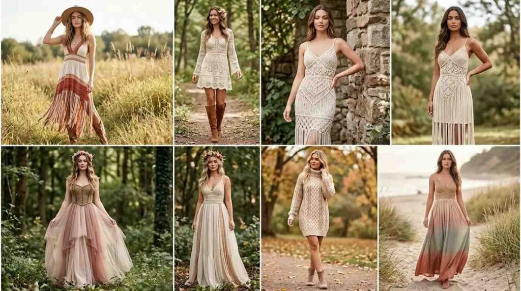 Collage of boho woven fantasy dresses to impress in cream, rust, and blush tones styled for every occasion