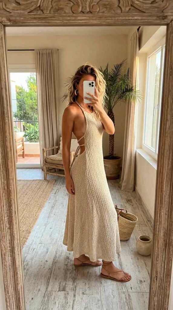 Cream textured woven halter maxi dress with open back and strappy sandals — woven fantasy dress to impress
