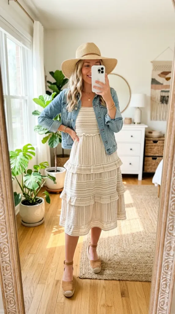 Ivory tiered woven sundress with denim jacket, straw hat, and espadrille wedges — woven fantasy dress to impress
