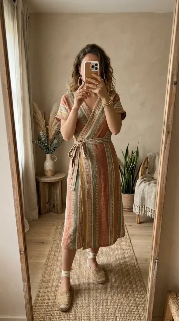 Earth tone striped woven wrap midi dress with braided belt and espadrilles — woven fantasy dress to impress
