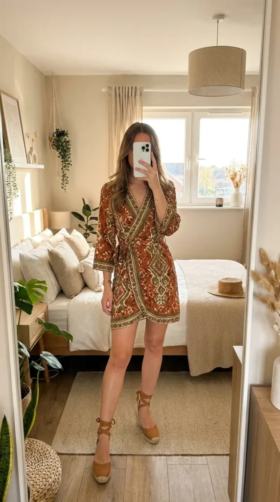 Rust boho print wrap dress with lace-up espadrille wedges — stylish summer family reunion outfit ideas
