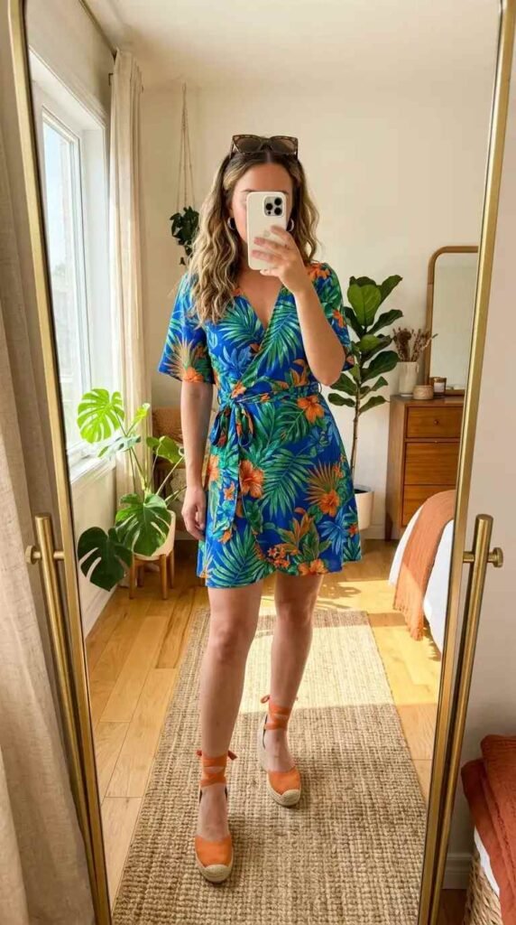 Blue tropical print wrap mini dress with orange wedges — a fun summer wedding anniversary outfit idea.
