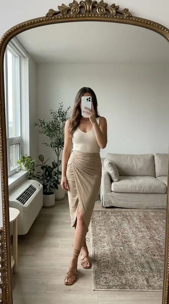 Beige wrap-style rush skirt outfit idea with a ribbed tank top and lace-up strappy sandals