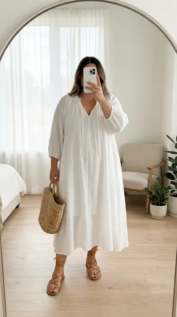 Plus size woman in flowy white maxi dress with tan sandals and woven bag – All White Outfit Ideas for Plus Size Women