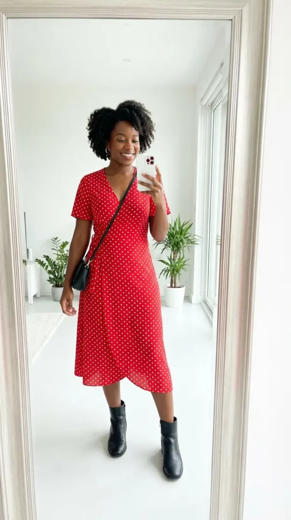 oyful Black woman in printed red polka dot dress with black boots for red dress outfit ideas designed for Black women