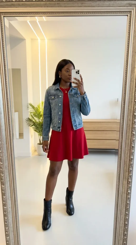 Black woman in vibrant red A-line dress with denim jacket and black boots for red dress outfit ideas designed for Black women
