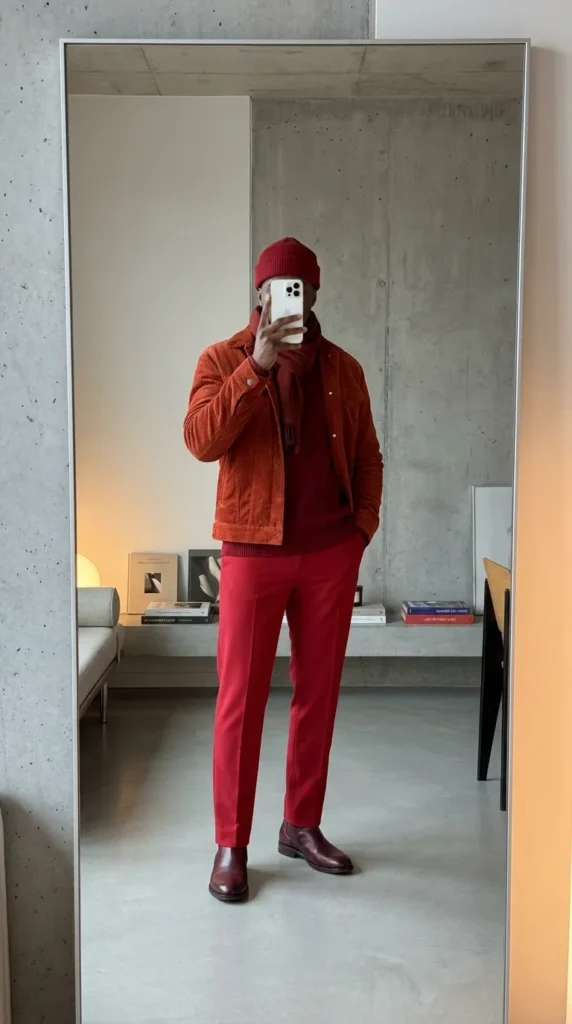 Man in full red monochrome outfit beanie scarf modern selfie from 20 Red Outfit Ideas for Men That Actually Slay