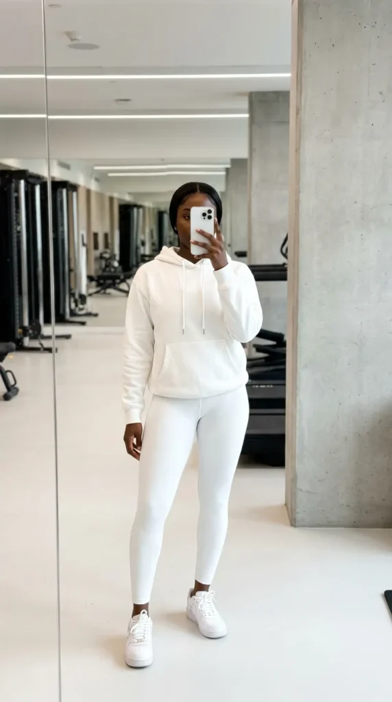 White hoodie and leggings athleisure, sporty All White Outfits for Black Women look