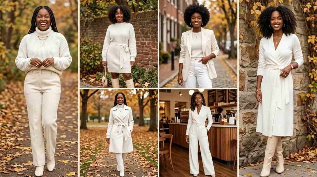 Stylish All White Fall Outfit Ideas for Black Women featuring turtlenecks, dresses, blazers and coats in autumn settings.