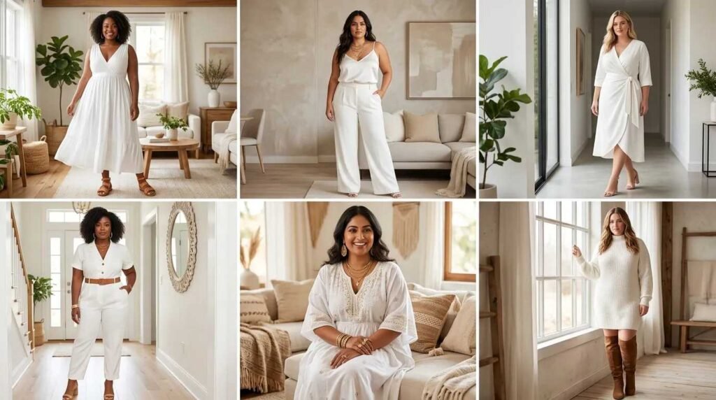 Collage of six stylish plus size women in various all-white looks – All White Outfit Ideas for Plus Size Women