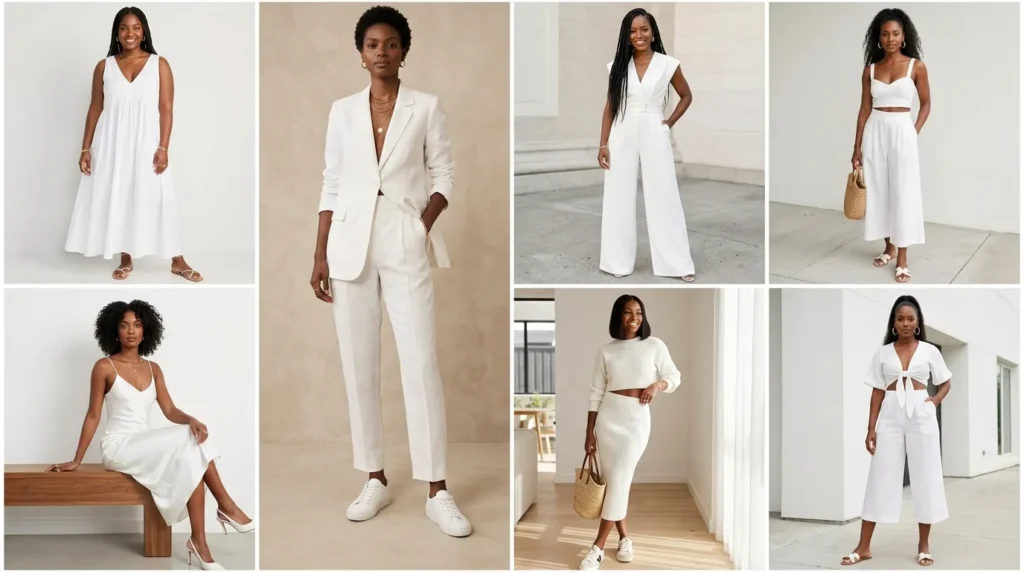 Collage of All White Outfits for Black Women — dresses, suits, jumpsuits, knit sets