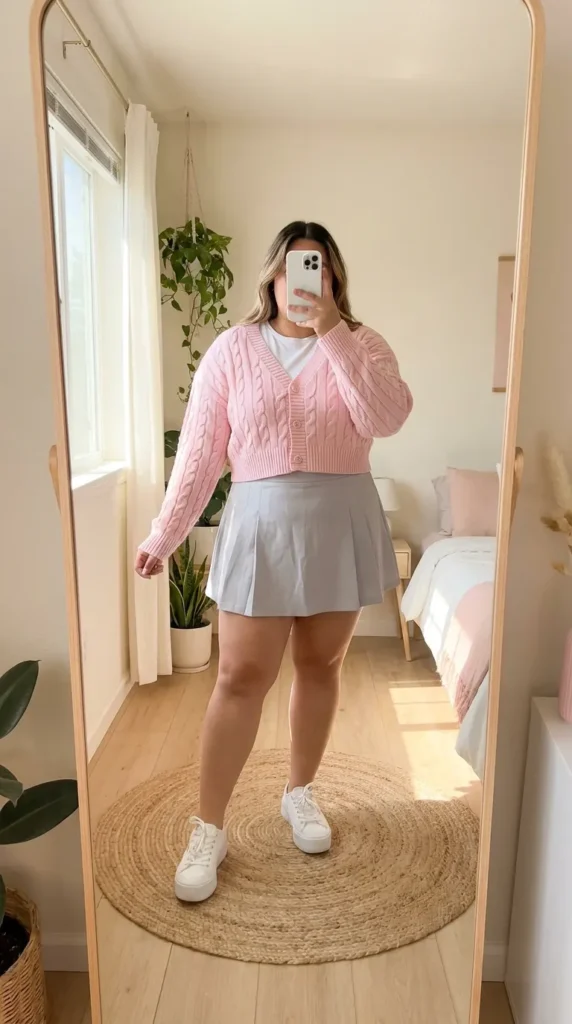 Plus-size woman in baby pink cable-knit cardigan and pleated skort, cute Barbie Outfit Ideas for Plus Size Women.