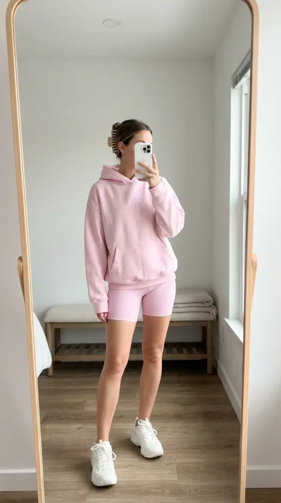 Casual Barbie Outfit Ideas: baby pink oversized hoodie with matching bike shorts and sneakers