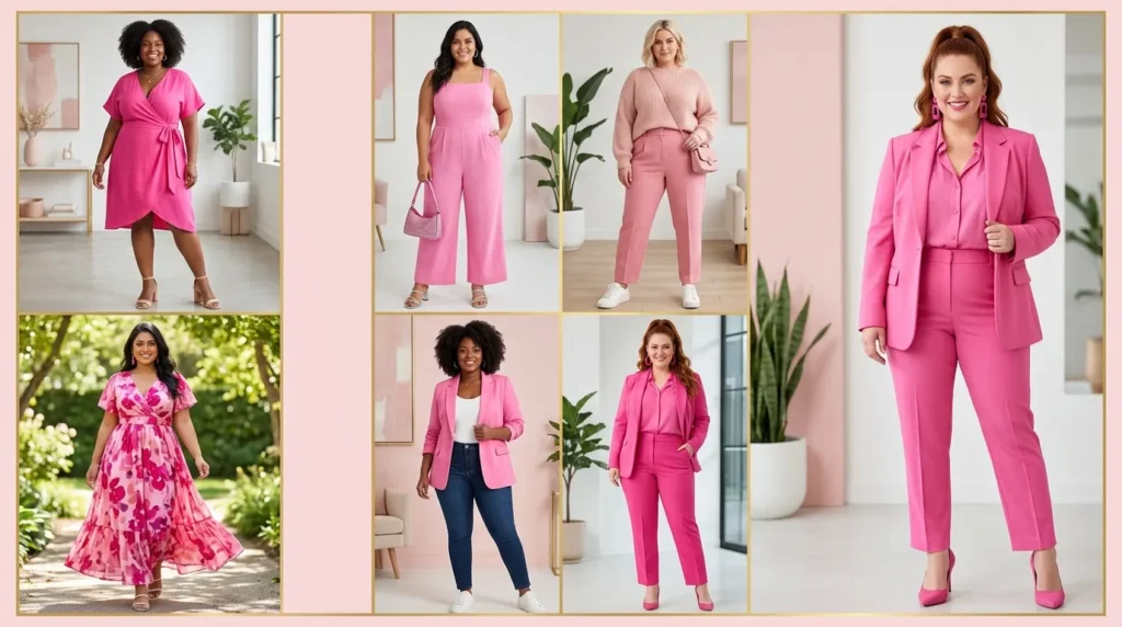 Collage of stylish plus-size models in various pink outfits showcasing Barbie Outfit Ideas for Plus Size Women.