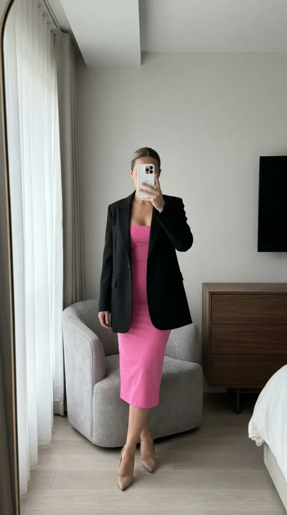 Black blazer over hot pink bodycon dress, bold pick for Best Barbie-Inspired Party Outfits
