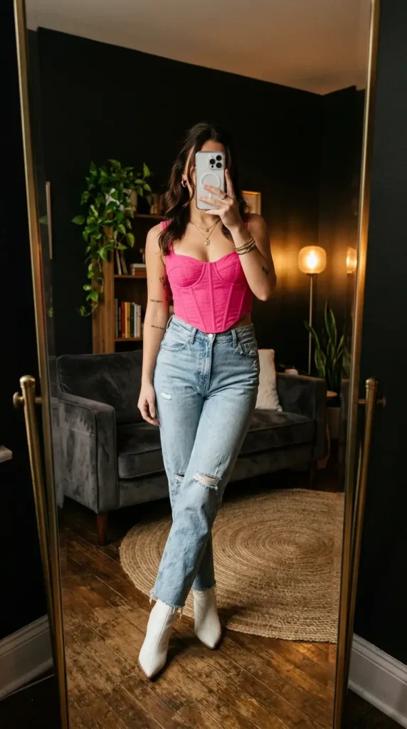 Easy Summer Barbie Outfit Ideas: hot pink corset top styled with ripped jeans