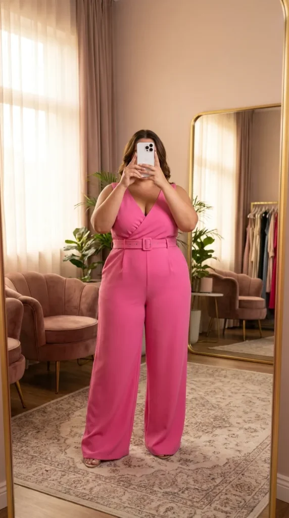 Curvy woman in vibrant Barbie pink belted jumpsuit, confident Barbie Outfit Ideas for Plus Size Women.
Characters: