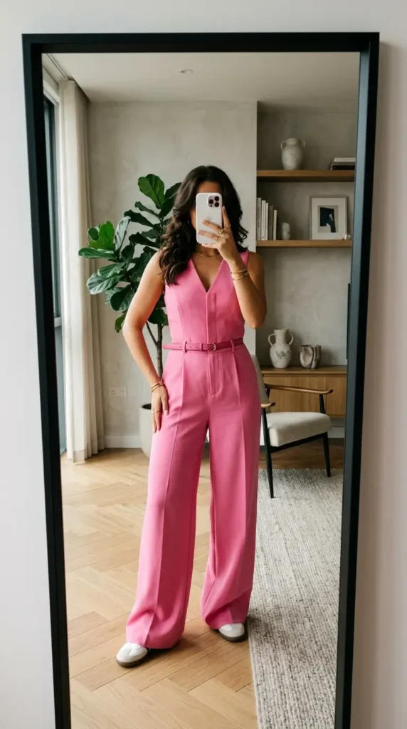 Easy Summer Barbie Outfit Ideas: sleeveless Barbie pink belted wide-leg jumpsuit