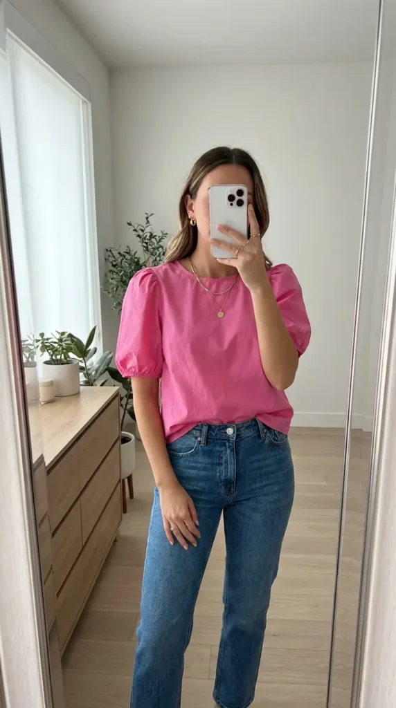 Casual Barbie Outfit Ideas: Barbie pink puff-sleeve blouse tucked into classic blue denim jeans