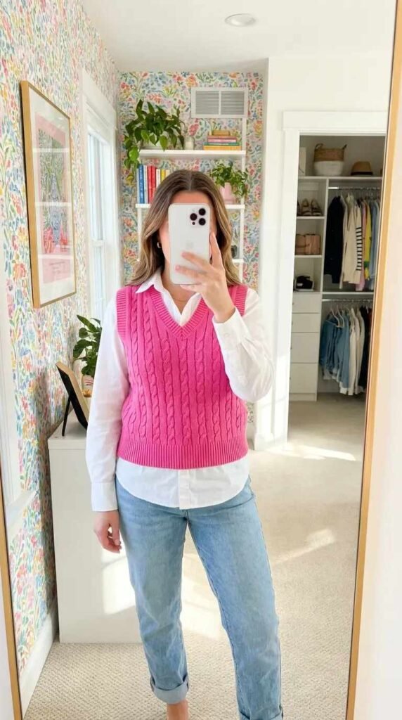 Casual Barbie Outfit Ideas: hot pink cable-knit sweater vest layered over white collared shirt with jeans