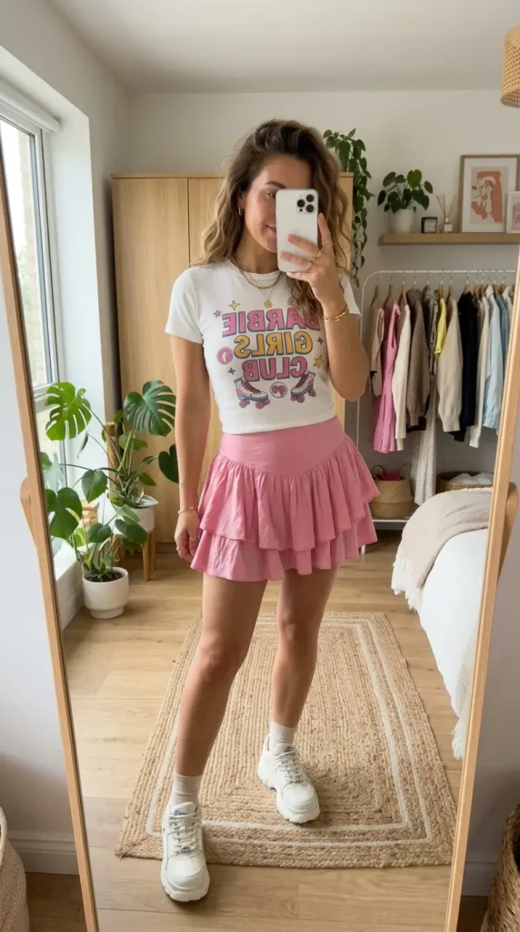 Easy Summer Barbie Outfit Ideas: ruffled pink skort with Barbie graphic tee
