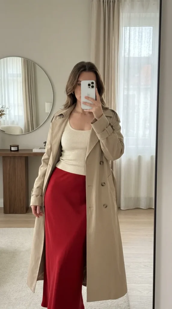 Cropped black blazer with long red satin skirt for polished Long Red Skirt Outfit Ideas for Women.