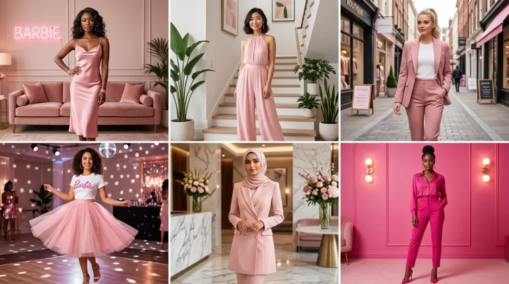 Collage of pink looks from slip dresses to suits, showcasing Best Barbie-Inspired Party Outfits