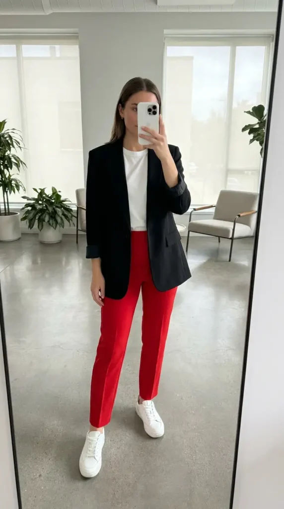 Black blazer, white tee, and red trousers, a sharp Casual Red Black & White Outfits outfit.