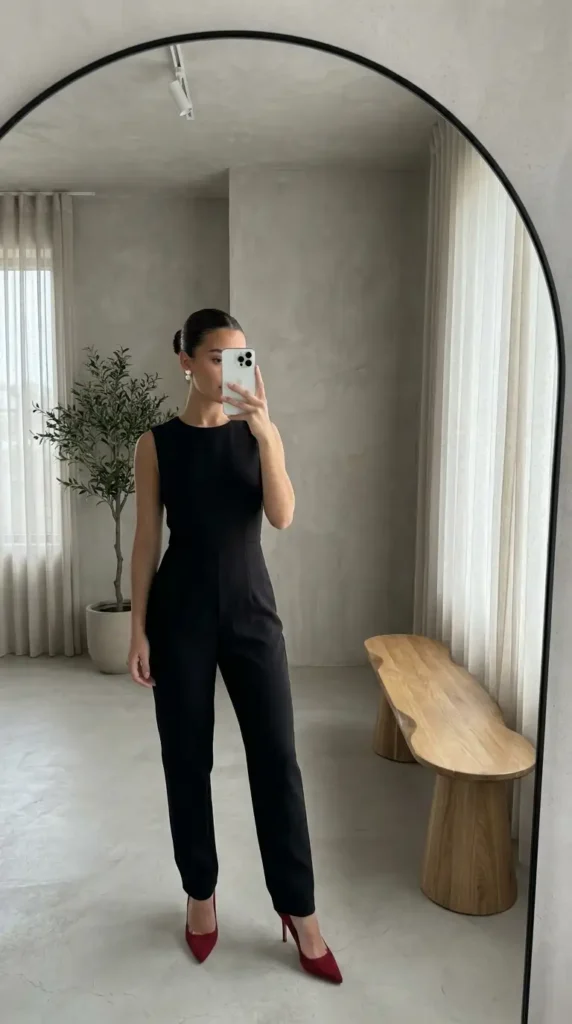 Sleeveless black jumpsuit with red heels, a sleek Casual Red Black & White Outfits evening look.