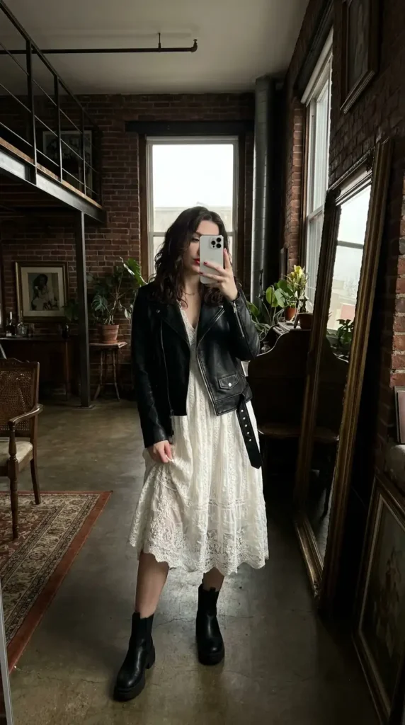 White lace dress with black leather jacket and boots, an edgy Casual Red Black & White Outfits idea.