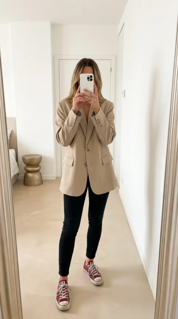 Woman in beige oversized blazer and black skinny jeans with red Converse, chic Red Converse Outfit Ideas.