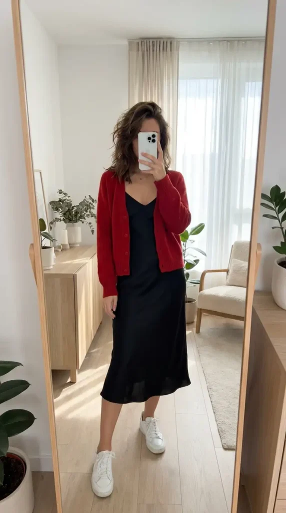 Black slip dress layered with red cardigan, a chic Casual Red Black & White Outfits combo.