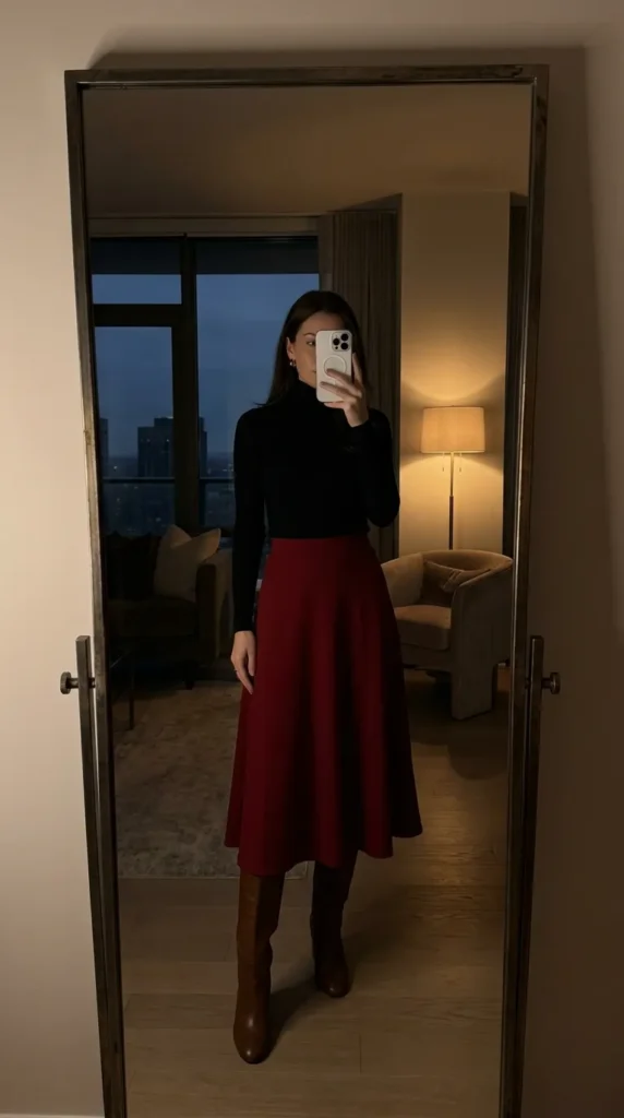 Fall Long Red Skirt Outfit Ideas with a black turtleneck and knee-high brown boots.