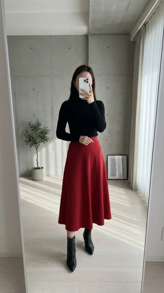 Black turtleneck with red A-line midi skirt and boots in sleek Long Red Skirt Outfit Ideas for Women.
