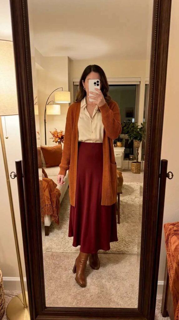 Fall Long Red Skirt Outfit Ideas with a cream blouse, rust cardigan, and booties.