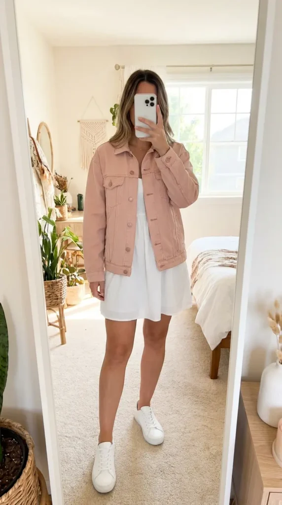 Casual Barbie Outfit Ideas: blush pink denim jacket layered over white mini dress and sneakers
