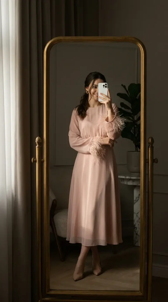 Blush midi dress with feather-trim sleeves, chic Best Barbie-Inspired Party Outfits selection
