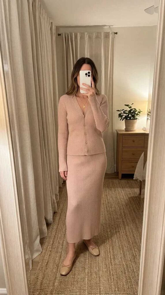 Casual Barbie Outfit Ideas: blush ribbed knit cardigan and matching midi skirt set with flats