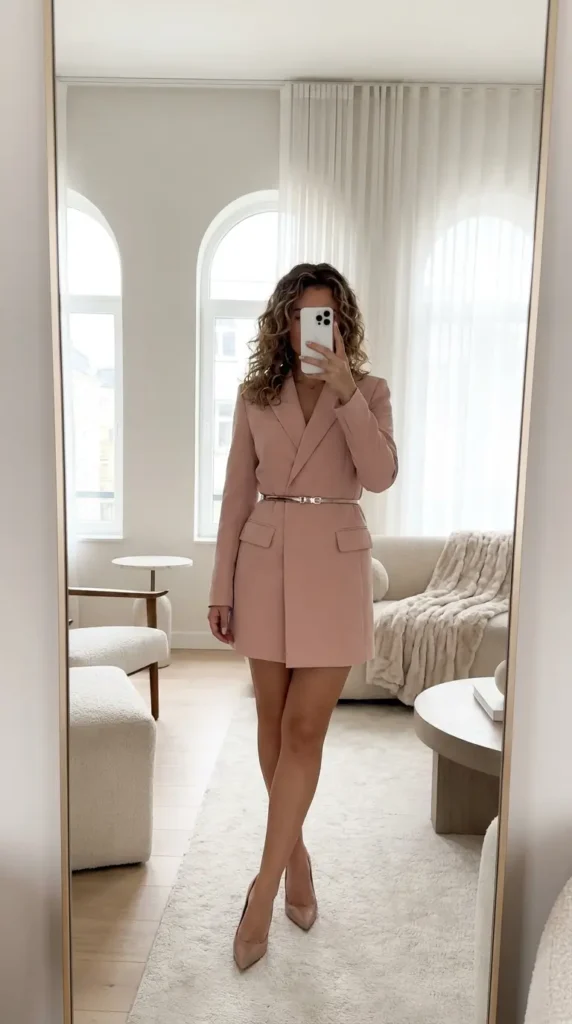 Blush pink belted blazer dress with heels, polished pick for Best Barbie-Inspired Party Outfits

