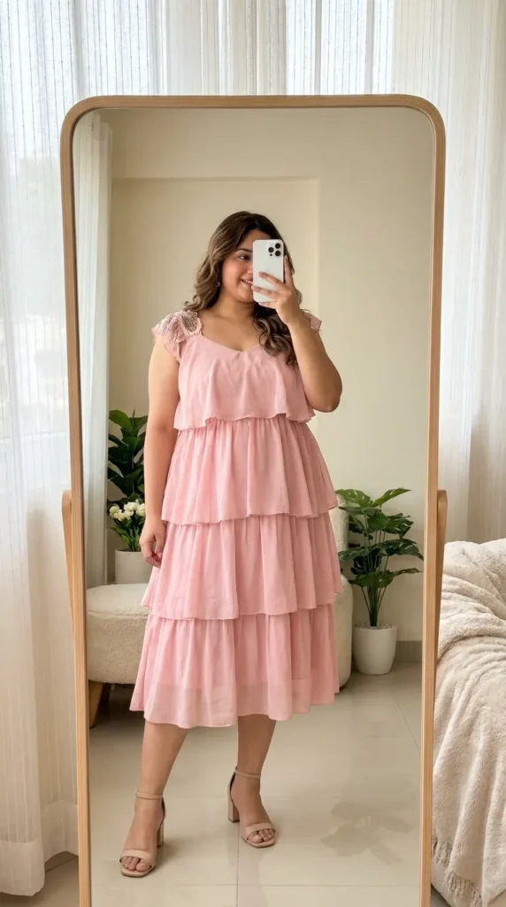 Curvy woman in soft blush tiered ruffle midi dress, romantic Barbie Outfit Ideas for Plus Size Women.
Characters: