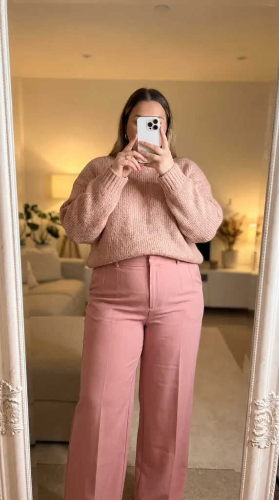 Plus-size woman in soft blush sweater and matching pink trousers, cozy Barbie Outfit Ideas for Plus Size Women.