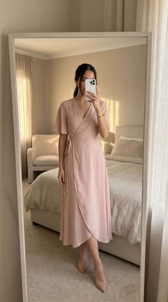 Blush pink wrap dress with nude heels, feminine pick for Best Barbie-Inspired Party Outfits
