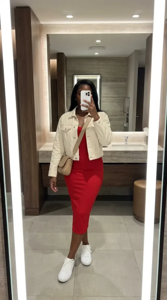 Confident Black woman in red bodycon dress with cream denim jacket and white sneakers for red dress outfit ideas designed for Black women