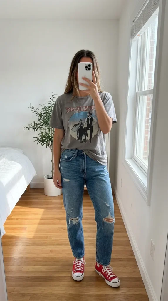 Woman in grey graphic tee and ripped boyfriend jeans with red Converse for cool Red Converse Outfit Ideas.