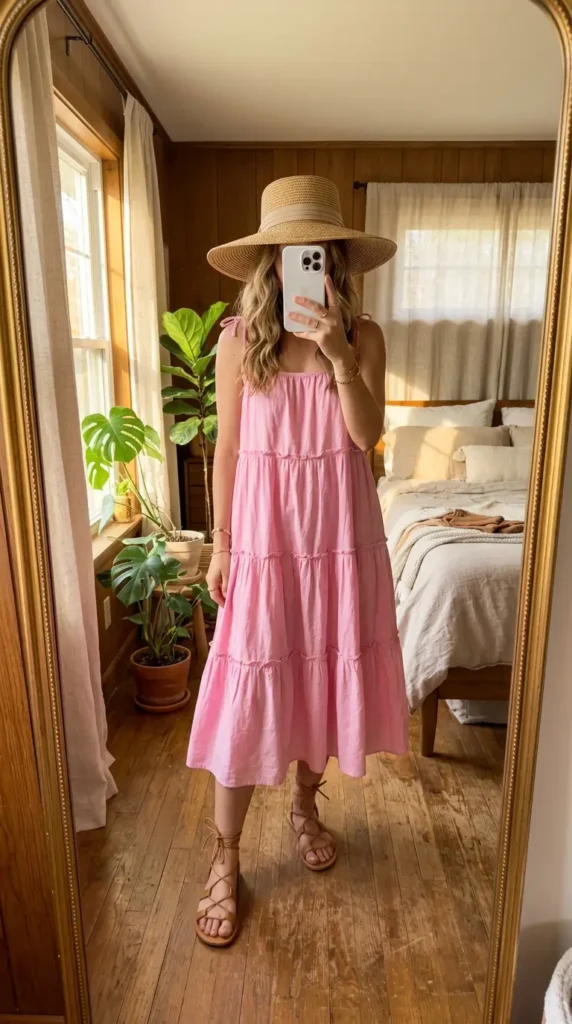 Easy Summer Barbie Outfit Ideas: tiered bubblegum pink sundress with straw hat