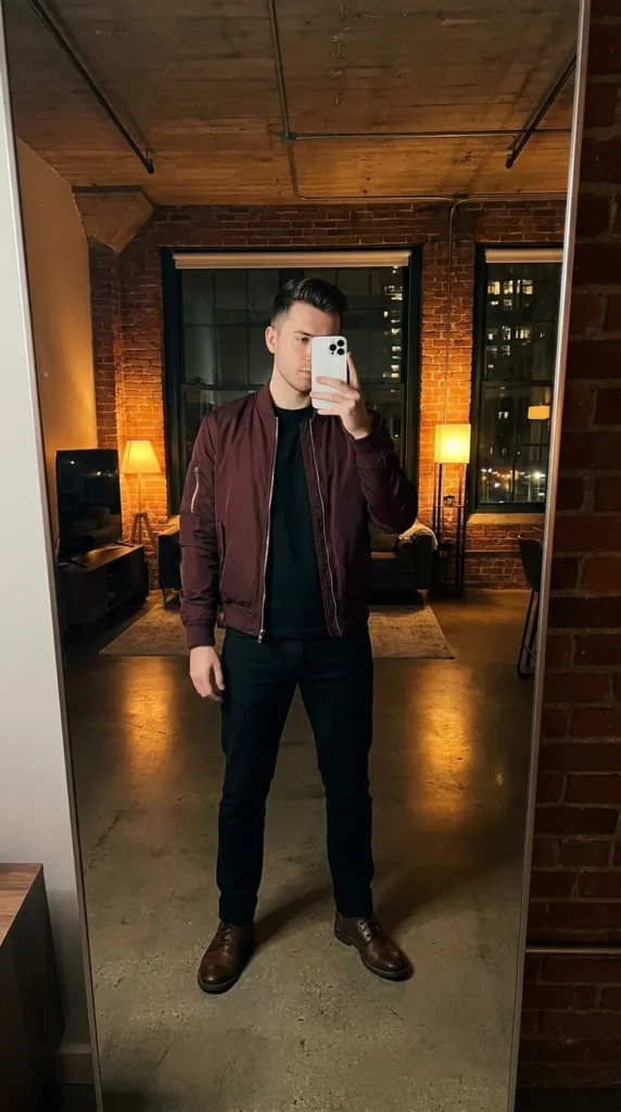 Man in burgundy bomber over black tee loft mirror selfie from 20 Red Outfit Ideas for Men That Actually Slay