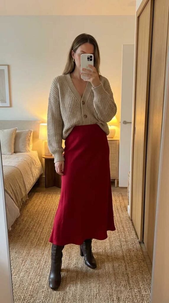 Fall Long Red Skirt Outfit Ideas using a buttoned cardigan as a top with boots.